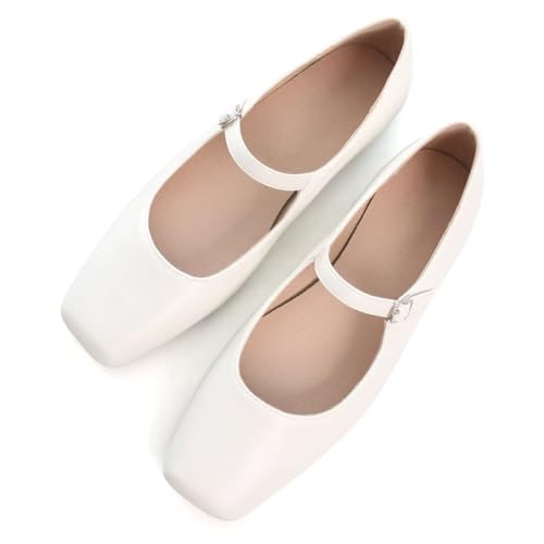 Image of TN TANGNEST Leather Flats for Women Retro Mary Jane Flats | Comfortable Square Toe Slip On Flats with Buckle Strap, Soft Work Flats Office Shoes