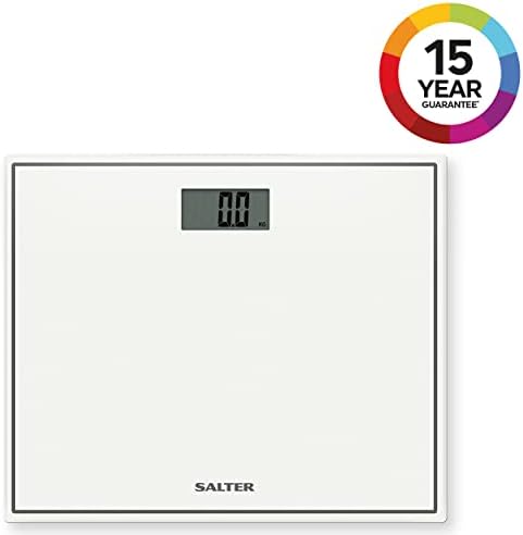 Salter 9207 WH3R Compact Electronic Bathroom Scale, Digital Easy Read Display, Step On Activation, Toughened Glass Platform Body Weighing Scales, Max. Weight 150 KG/330 lbs, 15-Year Guarantee, White