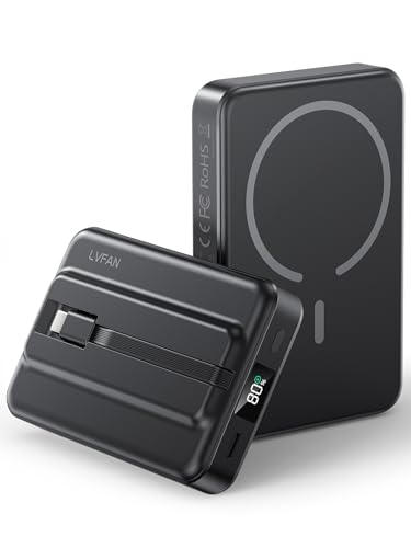 LVFAN for Magsafe Portable Charger, 10000mAh Wireless Magnetic Power Bank with Built-in USB C in&Out Cable, Travel LED Display Battery Pack for iPhone 16 15 14 13 12 Samsung Pixel iPad