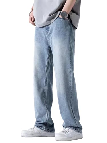 Hndudnff Men Denim Jeans Cotton Streetwear Straight Pants Wide Baggy Casual Trousers with Pockets