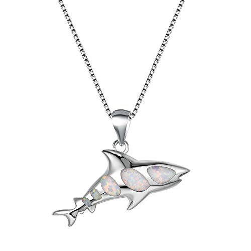 HUGUYHU 925 Sterling Silver Shark Pendant Necklace, Opal Charm Pendant, Sea Animal Jewelry Gift for Men and Women,Unique Gift and Souvenir B