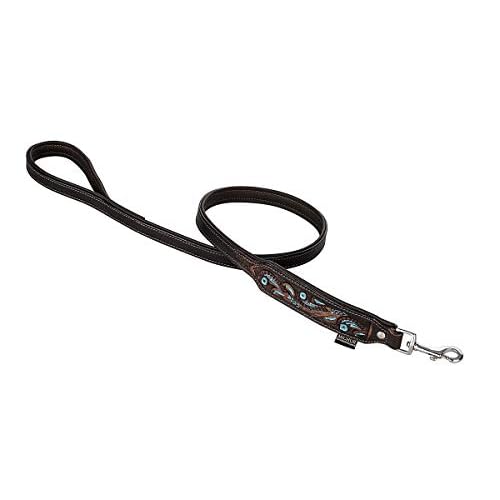 MICHUR Luis Leine Hundeleine Leder, Lederleine Hund, Leine, Braun mit blauen Akzenten und schönem Stanzmuster, Leder, 150cm, passendes Halsband Luis ist separat erhältlich