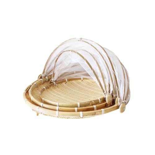 竹ざる 竹ザル 青竹もり皿 水切りザル 干物 盆ざる ネット 籐ざるト付き竹干しざる 野菜干しネット 可動式フタ 通気 防塵 防虫 乾かす 乾燥 陰干し 収納 保存 美観 実用 多機能 梅干し 魚介類 野菜 果物 干物 台所用品 (丸い,3点セット)