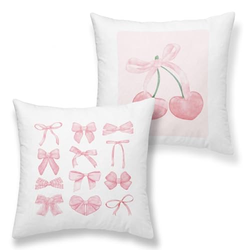 OGILRE Pink Bow Cherry Throw Pillow Covers, Trendy Aesthetic Cute Throw Pillow Cases 18x18, Pink Coquette Preppy Bedding Pillowcases for Teen Sofa Dorm Girls Bedroom