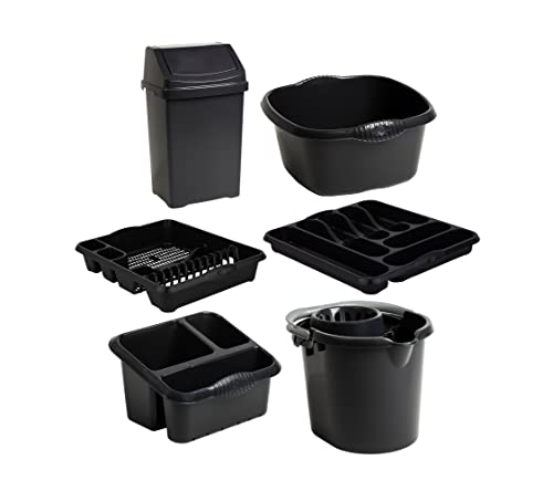 JMS we create smile Kitchen Organiser Set - 25L Swing Top Bin + Square Washing up Bowl + Large Dish Drainer + Large Cutlery Tray + Mop Bucket + Sink Tidy (Midnight Grey/Dark Grey)