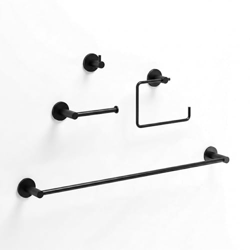 VIGO Cass 4 Pieces Bathroom Hardware Set, 24 inch Towel Bar, Hand Towel Holder, Robe Towel Hook, Toilet Paper Holder Wall Mounted, Stainless Steel Bath Accessory Set Matte Black Finish