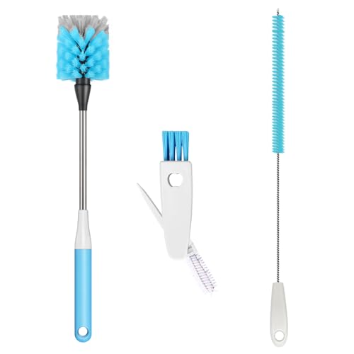 Ensemble de 3 brosses à Bouteilles, Longueur 38 cm, kit de brosses de Cuisine avec Nettoyeur de Paille et Brosse pour Couvercle, Convient aux Bouteilles d'eau, Verres, biberons, Bleu