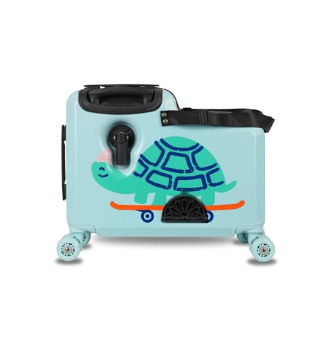Rolly Rider Kids Ride-on Carry-on Suitcase ABS Lightweight Travel Trolley Luggage for Children with 360 Spinner Wheels Cabin-Friendly Scooter Travel Bag Blue Shellie Turtle Design