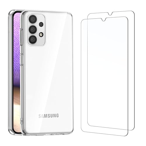 NEW'C Cover per Samsung Galaxy A32 5G (Non per A32 4G) Gel TPU in silicone custodia ultra trasparente e 2 × vetro temperato per Samsung Galaxy A32 5G, Pellicola proteggi schermo