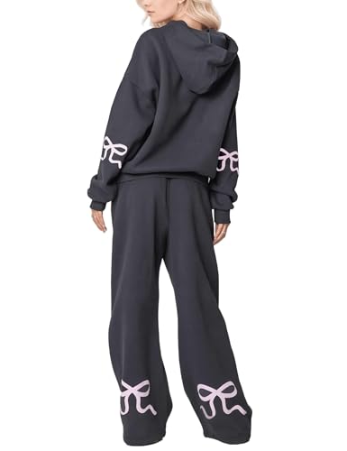 Two Piece Outfits Bow Graphic Print Hoodie Sweatpants Set Oversized Sweatshirt and High Waist Sweatpants Tracksuit