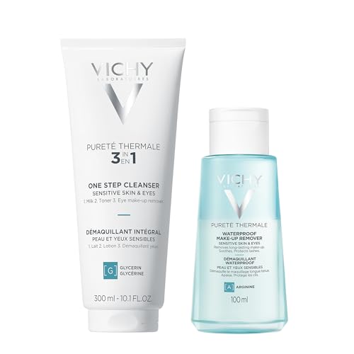 VICHY | Pureté Thermale Set | 3-in-1 Cleanser 300 ml & Waterproof Make-Up Remover 100 ml | Cleanses, Removes Make-Up & Strengthens Lashes | Suitable for Sensitive Skin & Eyes | Hypoallergenic
