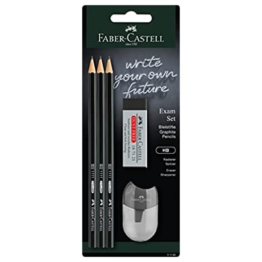 Faber-Castell 111183 Juego de examen 3 Lápices de grafito HB, goma y sacapuntas