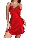 Marvmys Nuisette Femme Sexy Chemise de Nuit Court Dentelle Sling Bretelles Réglable Robe de Nuit A Rouge XL