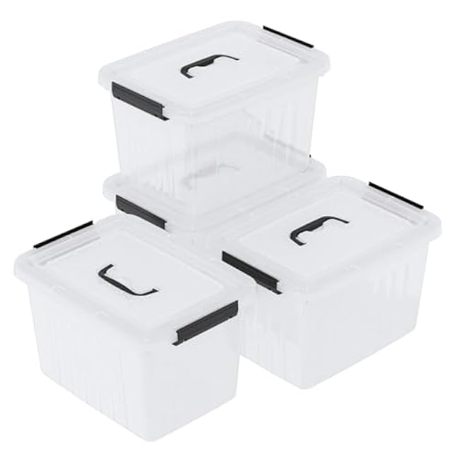 4 Packs 20 L Clear Plastic Storage Bins, Stackable Organizer Containers with Lids, Latching Box with Handle