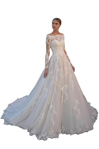 Wedding Dress for Bride Boho Beach Wedding Gown for Women Tulle Lace Bridal Dress with Long Sleeves