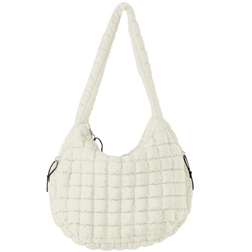 JueiXeoy Sacola acolchoada para mulheres, grande, acolchoada, transversal, Hobo, bolsa fofa, bolsa de mão, bolsa de ombro de nylon, Bege, One Size