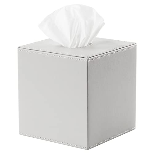 Lewondr Caja de Pañuelos de Cuero PU, Portapañuelos de Papel Cuadrado con Tapa Inferior Magnética, Funda de Almacemiento de Pañuelo Facial para Hogar, Baño, Coche, Oficina, Gris Cover