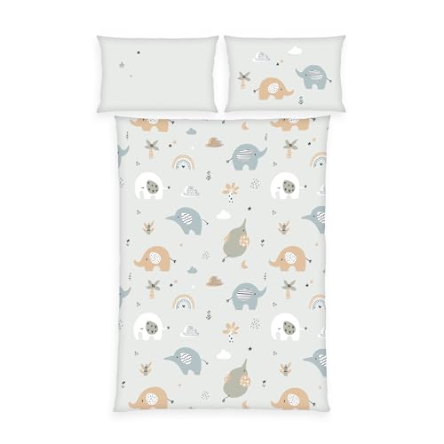 Herding babybest Parure de Lit Éléphants, Taie d'Oreiller 40 x 60 cm avec motif réversible, Housse de Couette 100 x 135 cm, avec Fermeture éclair à...