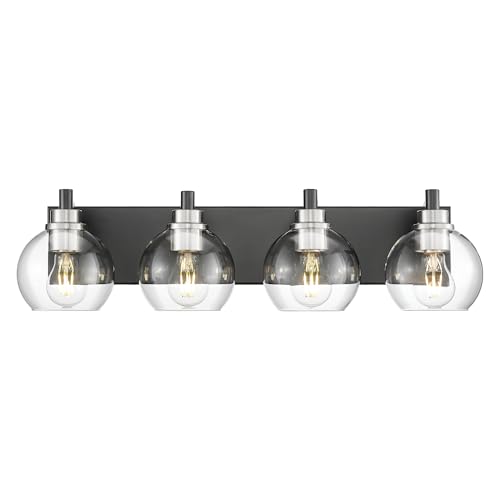 Image of Bathroom Light Fixtures, 4-Light Black and Brushed Nickel Bathroom Vanity Light, 26 Inch Modern Wall Sconces with Globe Clear Glass Shade, Vanity Lighting Fixtures Over Mirror, VL195-KN-4