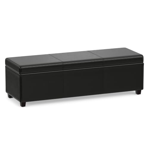 Image of SIMPLIHOME Avalon 54 inch Wide Vegan Leather Storage Ottoman in Midnight Black