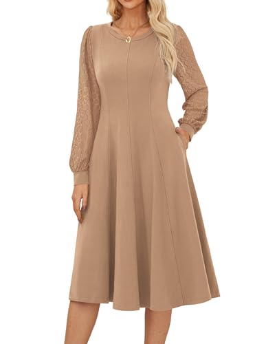 GRACE KARIN Women's 2025 Casual Long Lace Sleeve Dresses, Summer Flowy Crewneck A Line Plain Midi Dress with Pockets Khaki L