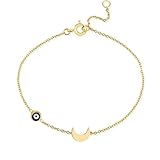 14k Gold Sideways Crescent Moon and Evil Eye Bracelet, Protection Elegant Moon with Blue Evileye Bracelet Great Gift For Her.