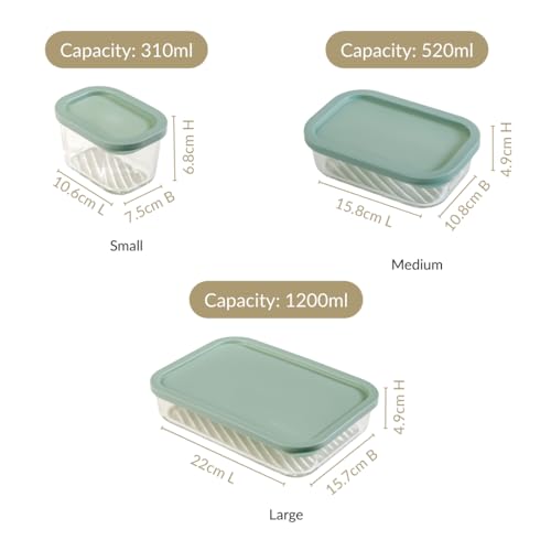 Image of Nestasia Groovo Glass Containers with Lid Set of 7 (310ml x 4, 520ml x 2, 1200ml x 1) - Transparent Stackable Fridge Storage Box, Microwave & Dishwasher Safe (Green)