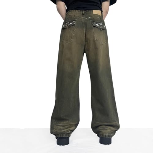 Men's Y2K Vintage Flap Pockets Button Decor Wide Leg Loose Denim Pants Streetwear2
