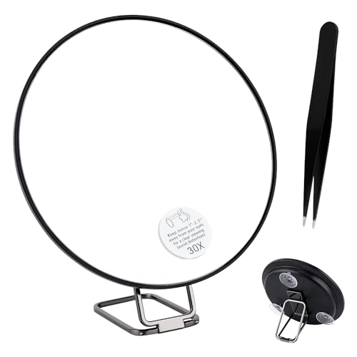 NQEUEPN Espejo Aumento 30X, Espejo de Maquillaje de 15,2cm con Ventosa y Pinzas Puntiagudas Espejo Facial con Soporte Ajustable Espejo Pequeño para Maquillaje (Negro)