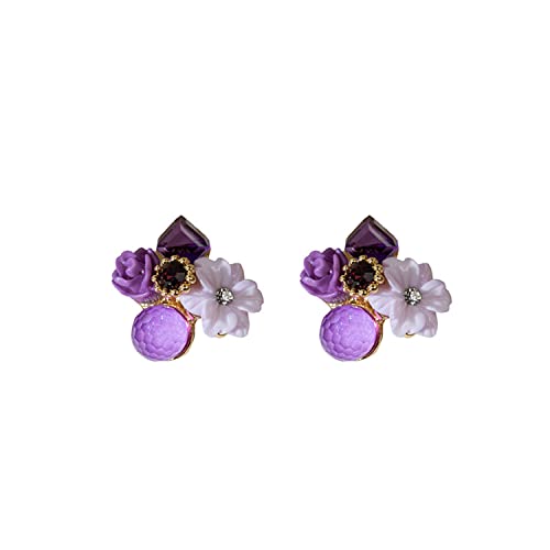 Abalone Ear Clip Earrings Women's Gold Retro Lightweight Crystal Fashion Temperament Acrylic Girl Purple Flower Ear Clip #TOP10