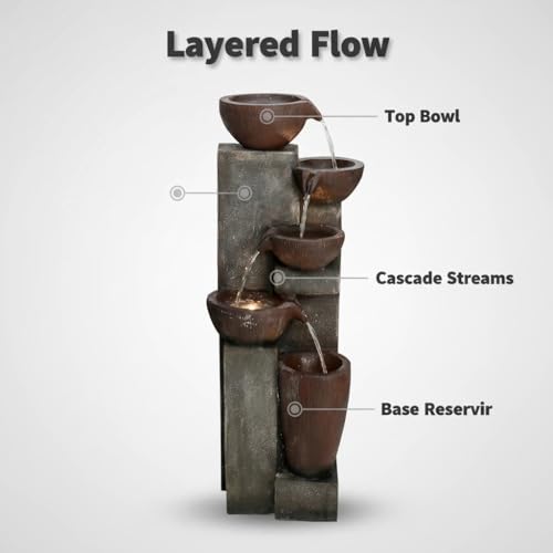 Image of SunJet 5-Tier Outdoor Water Fountain Resin Fountain Decor with LED Lighting Natural Polyresin Looking Stone Decor for Garden Patio Fold Court Yard Deck 12.99 inch L x 13.78 inch W x 39.76 inch H