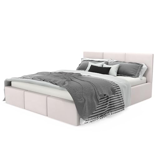 Muralo - Polsterbett 140x200 cm mit Bettkasten und gestepptem Kopfteil - Doppelbett - Ohne Matratze - Jugendbett - Stilvolles Schlafzimmer-Bett - Creme