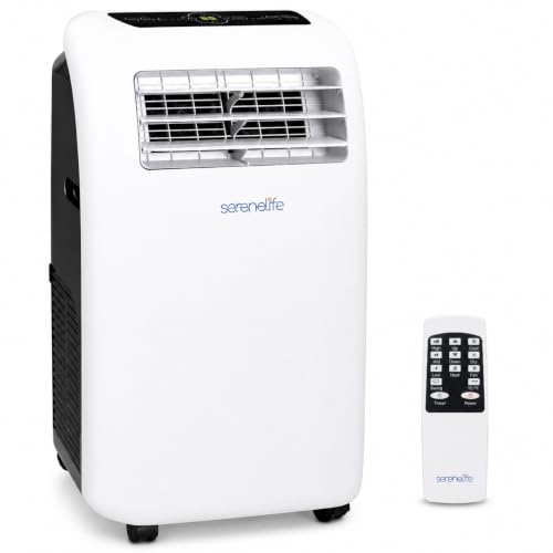 SereneLife Klimaanlage mobil 4-in-1: Luftkühler, Ventilator, Luftentfeuchter + Heizung – Tragbares Klimagerät mit Abluftschlauch, Fernbedienung & Kit für Räume bis 42 m² – Fenster-Montage 9,000 BTU