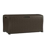 Suncast 122 Gallon Resin Rattan Patio Storage Box - Waterproof Outdoor Storage Container for Toys, Furniture, Yard Tools - Store Items on Deck, Porch, Backyard - Java