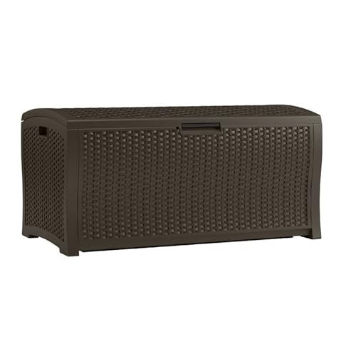 Suncast 122-Gallon Waterproof Outdoor Storage Container Furniture, Pool Toys, and Yard Tools Store Items on Deck, Patio, and Porch, Java