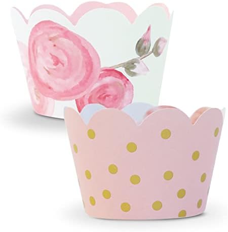 Confetti Couture- Cupcake Wrappers, Pink and Gold Party Cupcake Supplies, 1st Birthday, Fairy Princess Birthday Parties, Sweet 16, Floral, Baby Shower, Bridal Shower, Wedding Cupcake Holder - 36 Count