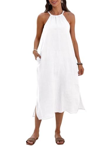 Image of Women's 100% Linen Dress Baggy Midi Halter Neck Casual Sleeveless Dresses Vacation Beach