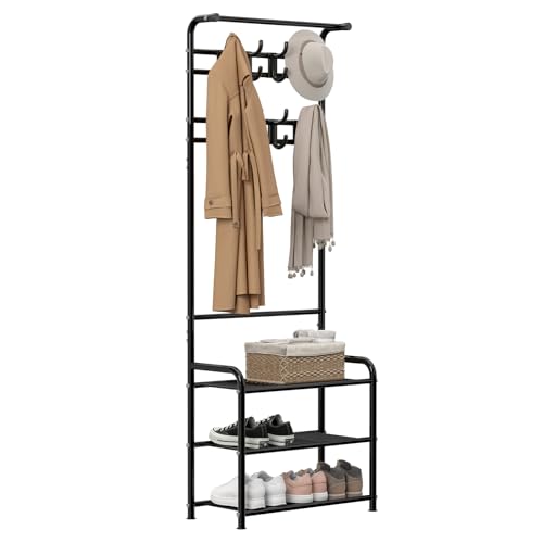 Innotic Porte-Manteau 3-en-1 pour Entrée, Meuble avec 3 Étagères à Chaussures et 16 Crochets,...