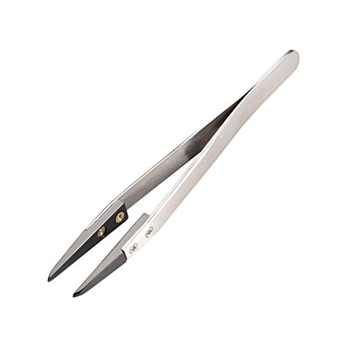 uxcell Precision Ceramic Tweezers Non-Conductive Heat Resistant Anti-Static Straight Round Tweezers Silver Tone Black for Pinching Coils