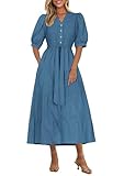 PRETTYGARDEN Summer Dresses for Women 2026 Elegant Classy Short Sleeve V Neck Ruffle A Line Belted Long Beach Vacation Dress (Grey Blue,X-Large)