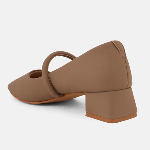 Image of DROP BOLD Khaki Square Toe Mary Jane Block Heel Show For Women & Girls