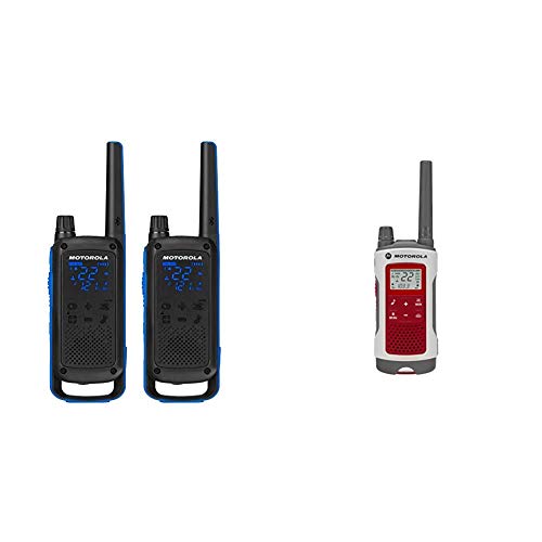 Motorola Talkabout T800 Two-Way Radios, 2 Pack, Black/Blue Bundle with Motorola Solutions T480 Talkabout Rechargeable Emergency Preparedness Two-Way Radio Single Unit (Red/White)