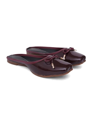 Image of TRYME Elegant Women's Glossy Patent Slip-On Mules with Bow Detail | Comfortable Flat Sandals for Office, Casual & Daily Wear
