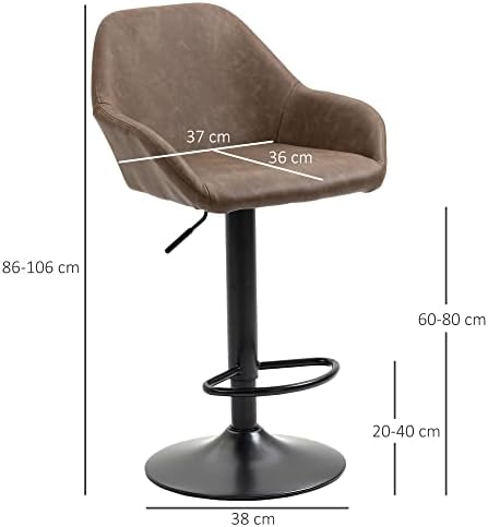 HOMCOM Adjustable Bar Stools Set of 2, Swivel Barstools with Footrest and Backrest, PU Leather and Steel Base, for Kitchen Counter and Dining Room, Dark Brown