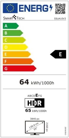 Energy label for Smart Tech 55UA10V3 TV, showing energy efficiency class E and power consumption of 64 kWh per 1000 hours