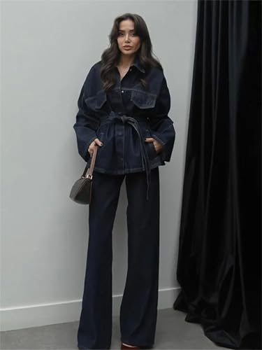 Women Vintage Belt Jacket Pants Sets Lapel Single Breasted Lace Up Coat Straight Trousers Loose Outfits3