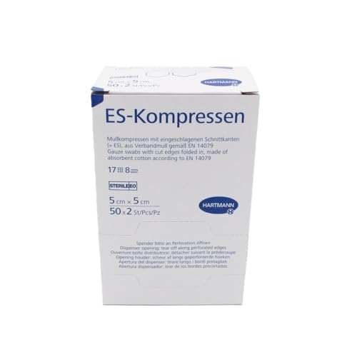 Hartmann ES 4019000 - Compresas de gasa estériles (5 x 5 cm, 17 capas, 8 capas, 1 paquete = 50 x 2 unidades)