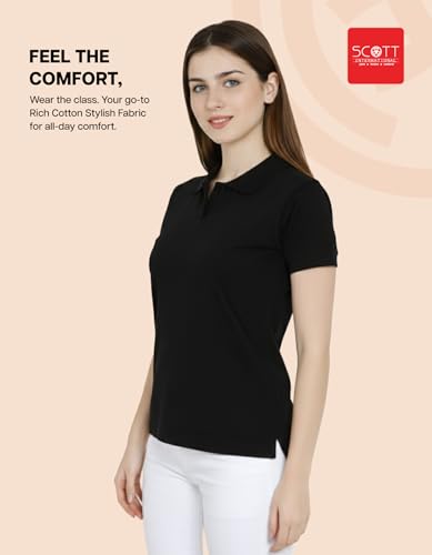 Image of Scott International Women's Cotton Polo T-Shirt | Half Sleeve Plain Collar Tee | Stylish Casual Top | Plain T-Shirt for Girls | Workwear for Office & Casual Wear