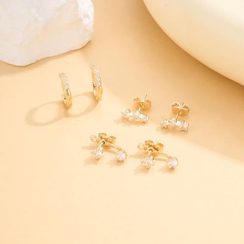 ZHESHY Gold Hoop Earrings Set for Women Trendy 925 Sterling Silver Post Hypoallergenic Earrings Set for Multiple Piercing 14K Gold Plated Dainty Small Diamond Cartilage Huggie Stud Earring Stacks — view 6