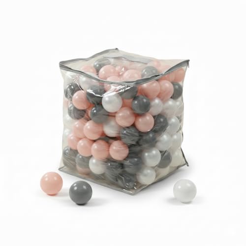 Ubaby 200 Bolas de Piscina Infantil ⌀ 7cm - Certificadas CE para Niños - Bolsa de Transporte incluida cómoda de Llevar - Bolas de Colores para Piscina (Rosa/Gris/Perla)